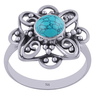Alluring Handcrafted Flower Work Around Turquoise Round Shape 925 Sterling Solid Silver Ring - R3401458-34