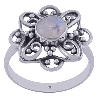 Alluring Handcrafted Flower Work Around Rainbow Moonstone Round Shape 925 Sterling Solid Silver Ring - R3401458-39