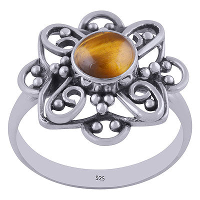 Alluring Handcrafted Flower Work Around Tiger's Eye Round Shape 925 Sterling Solid Silver Ring - R3401458-51