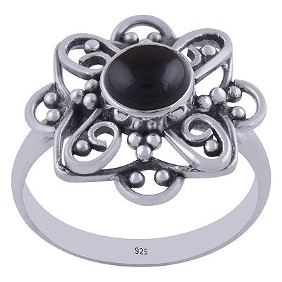 Alluring Handcrafted Flower Work Around Black Onyx Round Shape 925 Sterling Solid Silver Ring - R3401458-53