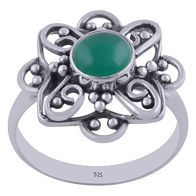 Alluring Handcrafted Flower Work Around Green Onyx Round Shape 925 Sterling Solid Silver Ring - R3401458-55