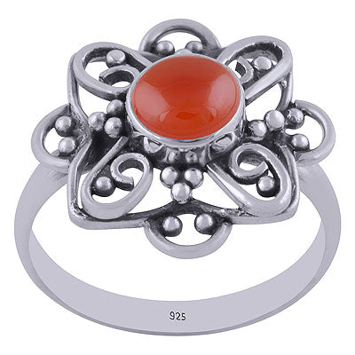 Alluring Handcrafted Flower Work Around Carnelian Round Shape 925 Sterling Solid Silver Ring - R3401458-56