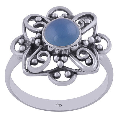 Alluring Handcrafted Flower Work Around Blue Chalcedony Round Shape 925 Sterling Solid Silver Ring - R3401458-57