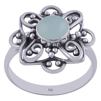 Alluring Handcrafted Flower Work Around Aqua Chalcedony Round Shape 925 Sterling Solid Silver Ring - R3401458-58