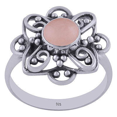 Alluring Handcrafted Flower Work Around Rose Quartz Round Shape 925 Sterling Solid Silver Ring - R3401458-60