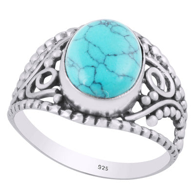 Gorgeous Rawa & Wire Work Around Turquoise Oval Shape 925 Sterling Solid Silver Ring - R3401461-160