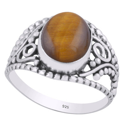 Gorgeous Rawa & Wire Work Around Tiger's Eye Oval Shape 925 Sterling Solid Silver Ring - R3401461-176