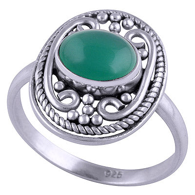 Beautiful Handwork Around Green Onyx Oval Shape 925 Sterling Solid Silver Ring - R3401462-96