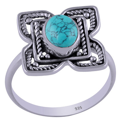 Gorgeous Handcrafted flower around Turquoise Oval Shape 925 Sterling Solid Silver Ring - R3401463-1