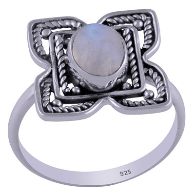 Gorgeous Handcrafted flower around Rainbow Moonstone Oval Shape 925 Sterling Solid Silver Ring - R3401463-10