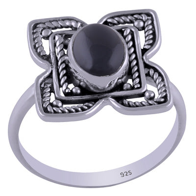 Gorgeous Handcrafted flower around Black Onyx Oval Shape 925 Sterling Solid Silver Ring - R3401463-17