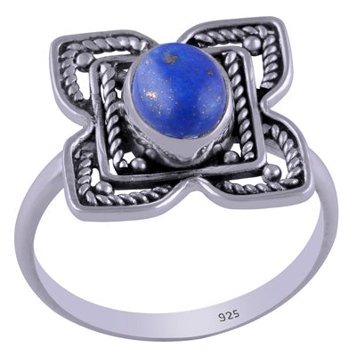 Gorgeous Handcrafted flower around Lapis Oval Shape 925 Sterling Solid Silver Ring - R3401463-20