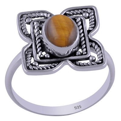 Gorgeous Handcrafted flower around Tiger's Eye Oval Shape 925 Sterling Solid Silver Ring - R3401463-22