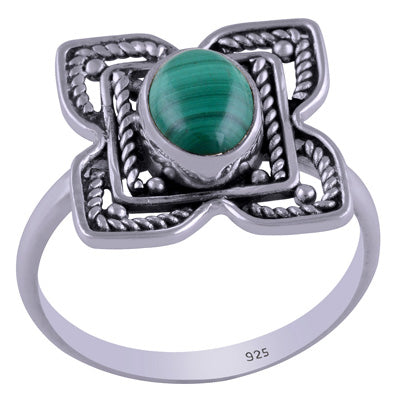 Gorgeous Handcrafted flower around Malachite Oval Shape 925 Sterling Solid Silver Ring - R3401463-24