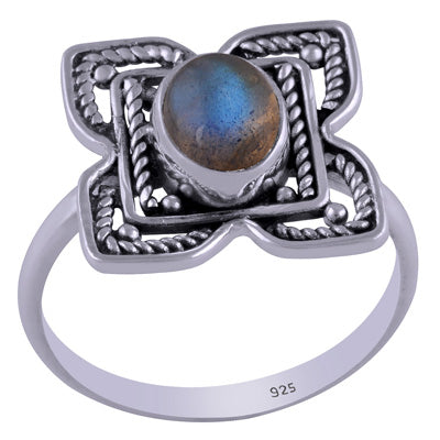 Gorgeous Handcrafted flower around Labradorite Oval Shape 925 Sterling Solid Silver Ring - R3401463-26