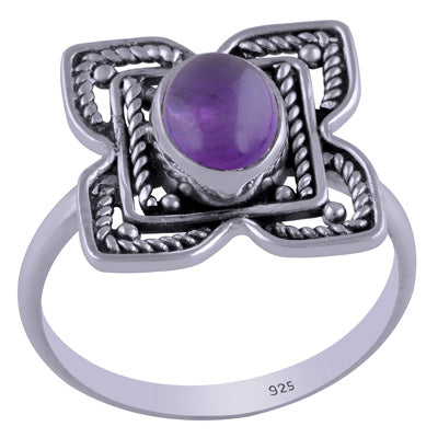 Gorgeous Handcrafted flower around Amethyst Oval Shape 925 Sterling Solid Silver Ring - R3401463-6