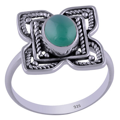 Gorgeous Handcrafted flower around Green Onyx Oval Shape 925 Sterling Solid Silver Ring - R3401463-72