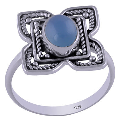 Gorgeous Handcrafted flower around Blue Chalcedony Oval Shape 925 Sterling Solid Silver Ring - R3401463-73