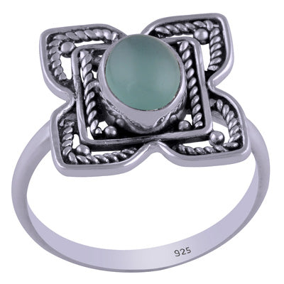 Gorgeous Handcrafted flower around Aqua Chalcedony Oval Shape 925 Sterling Solid Silver Ring - R3401463-74