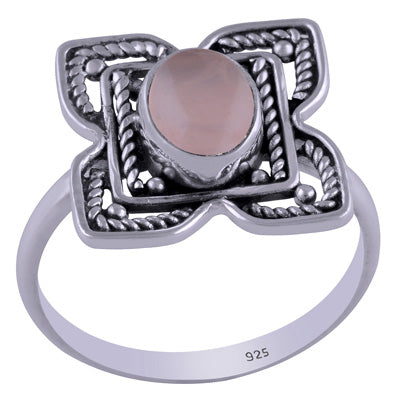 Gorgeous Handcrafted flower around Rose Quartz Oval Shape 925 Sterling Solid Silver Ring - R3401463-75