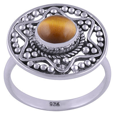 Stunning Rawa And Wire Work Around Tiger's Eye Round Shape 925 Sterling Solid Silver Ring - R3401464-22