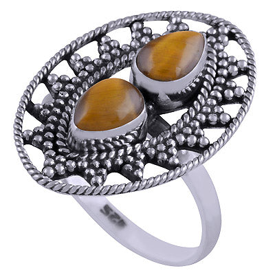 Beautiful Rawa Work Around Tiger's Eye Pear Shape 925 Sterling Solid Silver Ring - R3401471-21