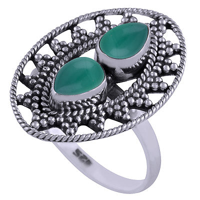 Beautiful Rawa Work Around Green Onyx Pear Shape 925 Sterling Solid Silver Ring - R3401471-27