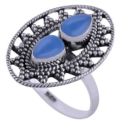 Beautiful Rawa Work Around Blue Chalcedony Pear Shape 925 Sterling Solid Silver Ring - R3401471-28