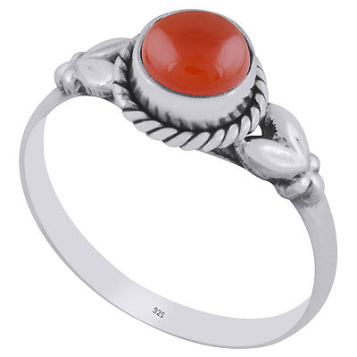 Stunning Embossed Leaf Work Around Carnelian Round Shape 925 Sterling Solid Silver Ring - R3401478-26