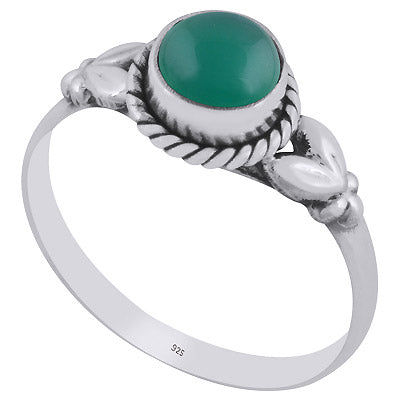 Stunning Embossed Leaf Work Around Green Onyx Round Shape 925 Sterling Solid Silver Ring - R3401478-27