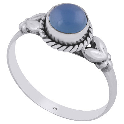 Stunning Embossed Leaf Work Around Blue Chalcedony Round Shape 925 Sterling Solid Silver Ring - R3401478-30