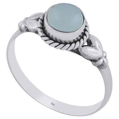 Stunning Embossed Leaf Work Around Aqua Chalcedony Round Shape 925 Sterling Solid Silver Ring - R3401478-32