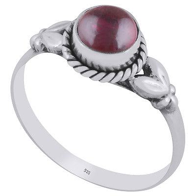 Stunning Embossed Leaf Work Around Garnet Round Shape 925 Sterling Solid Silver Ring - R3401478-4