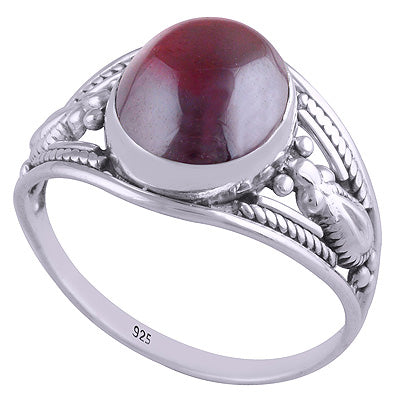 Beautiful Textured Hand Work Garnet Oval Shape 925 Sterling Solid Silver Ring - R3401495-5