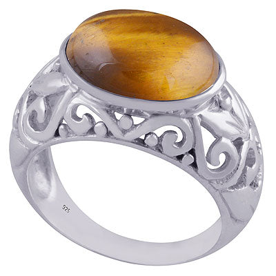 Alluring Handcrafted Work Around Tiger's Eye Oval Shape 925 Sterling Solid Silver Ring - R3401507-31