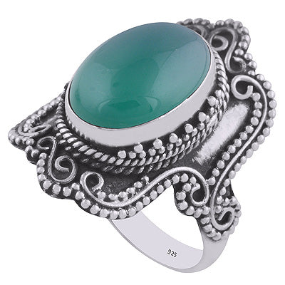 Authentic Handcrafted Work Around Green Onyx Oval Shape 925 Sterling Solid Silver Ring - R3401566-77