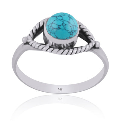 Stunning Handwork Around Turquoise Round Shape 925 Sterling Solid Silver Ring - R3401581-5