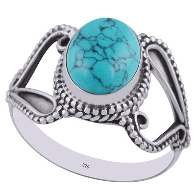 Beautiful Cut Out Shank Around Turquoise Oval Shape 925 Sterling Solid Silver Ring - R3401585-53