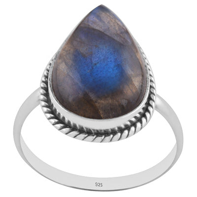 Classic Wire Around Labradorite Pear Shape 925 Sterling Solid Silver Ring - R3401592-282