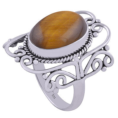 Stunning Twisted Wire Work Around Tiger's Eye Oval Shape 925 Sterling Solid Silver Ring - R3401608-25