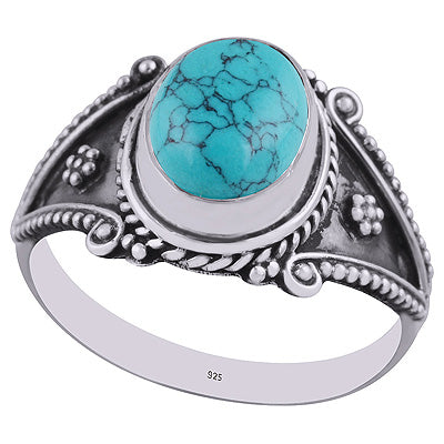 Gorgeous Rawa Work Around Turquoise Oval Shape 925 Sterling Solid Silver Ring - R3401634-53