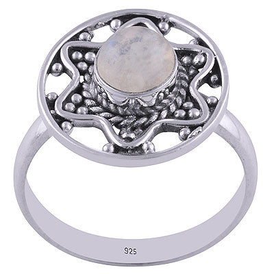Alluring Star Rawa Work Around Rainbow Moonstone Round Shape 925 Sterling Solid Silver Ring - R3401671-10