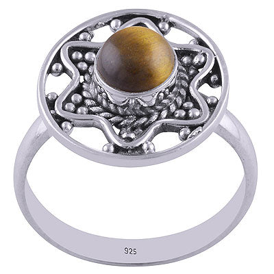 Alluring Star Rawa Work Around Tiger's Eye Round Shape 925 Sterling Solid Silver Ring - R3401671-19