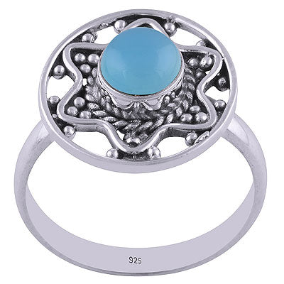 Alluring Star Rawa Work Around Blue Chalcedony Round Shape 925 Sterling Solid Silver Ring - R3401671-30