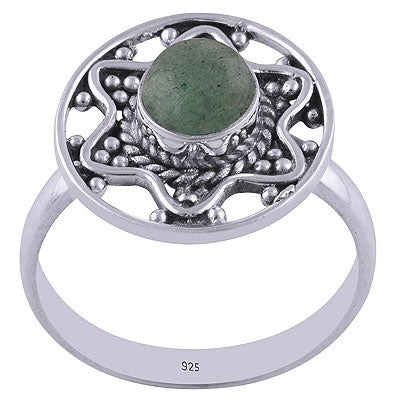 Alluring Star Rawa Work Around Green Aventurine Round Shape 925 Sterling Solid Silver Ring - R3401671-31