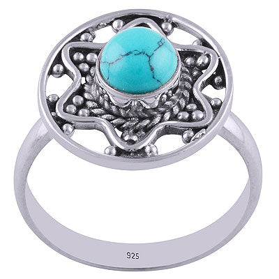 Alluring Star Rawa Work Around Turquoise Round Shape 925 Sterling Solid Silver Ring - R3401671-7