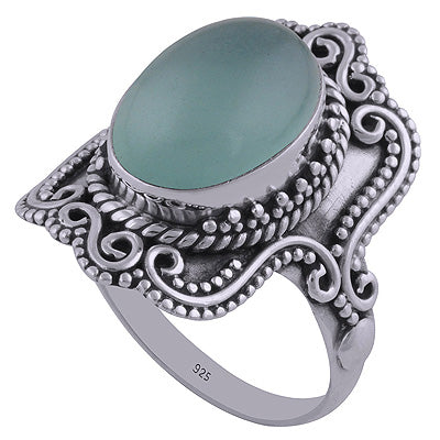 Gorgeous Hand Work Around Aqua Chalcedony Oval Shape 925 Sterling Solid Silver Ring - R3401802-43