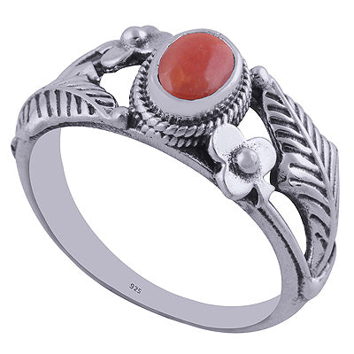 Stunning Textured Handwork Around Coral Oval Shape 925 Sterling Solid Silver Ring - R3401886-1