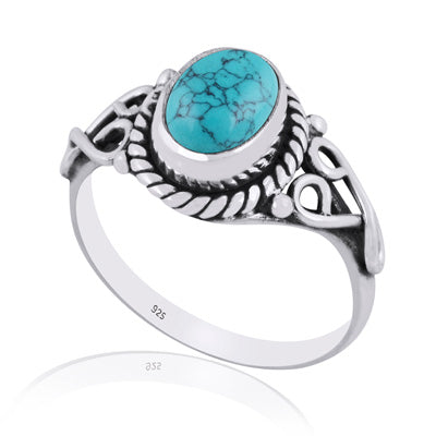 Beautiful Handwork Around Turquoise Oval Shape 925 Sterling Solid Silver Ring - R3401893-13