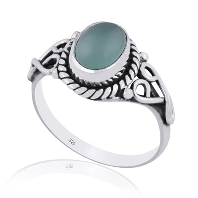 Beautiful Handwork Around Aqua Chalcedony Oval Shape 925 Sterling Solid Silver Ring - R3401893-54